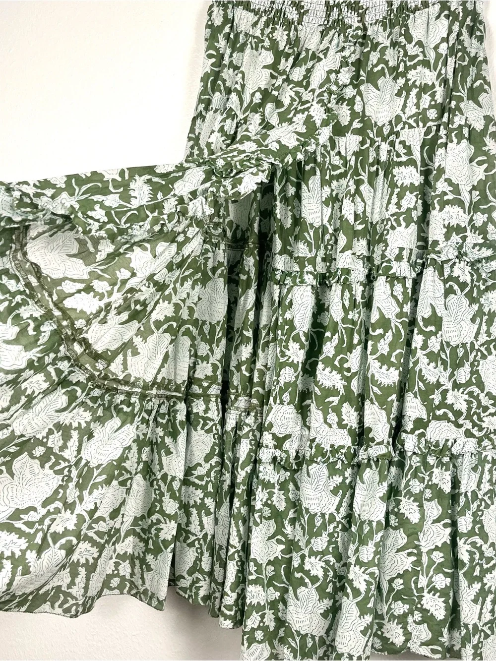 MAJE Size 42/Large Jitale Green Floral Block Print Ruffled Cotton Midi Skirt